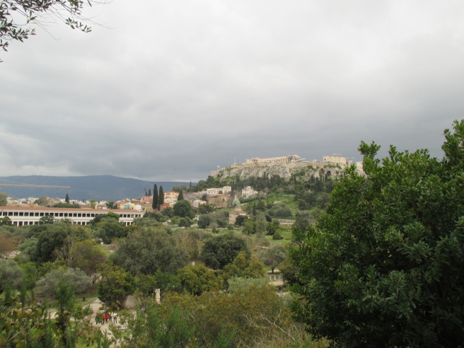 View of the Parthenon up on the hill from the Acropolis